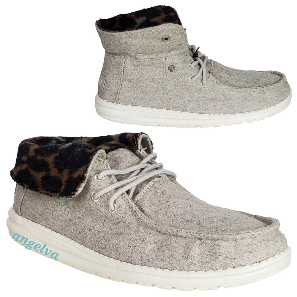 NWB Hey Dude britt wool blend ankle high fold booties cream cheetah size 10
